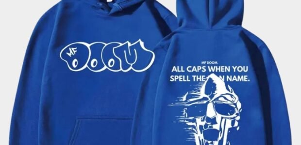 MF DOOM All Caps Quote Distressed Mask Hoodie Blue